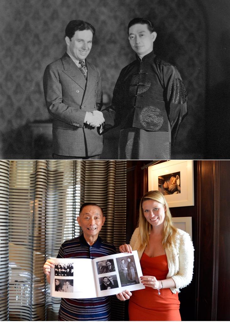 拼版照片（上图）1930年梅兰芳（右）访问美国时与卓别林合影；（下图）2014年8月20日梅葆玖与卓别林的孙女凯拉·卓别林在纽约合影