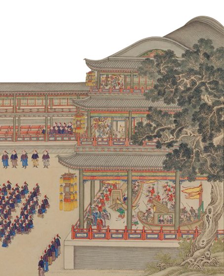 清宫戏画(局部)——绘晚清宫廷戏台上演剧场景,人物扮相、砌末与观戏人物俱在(绘画类间接件,非朱莲芬本人影像)