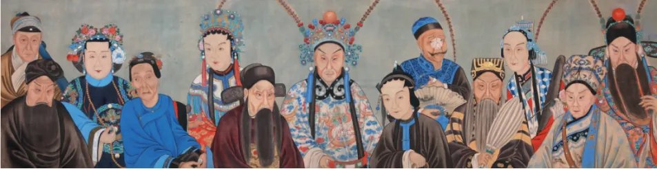 《同光十三绝画像》(摹本)——绘清同治、光绪年间十三位著名戏曲演员戏装扮相,杨鸣玉名列同光十三绝,像中扮《思志诚》丑公子明天亮(画作摹本,非本人照片)